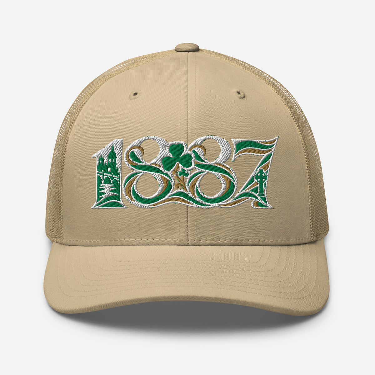 Celtic 1887 Founding Year Inspired Embroidered Football Trucker Cap – khaki front view