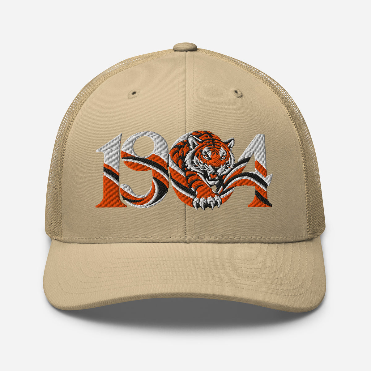 Hull 1904 Tigers Heritage embroidered football trucker cap, khaki colour, front view