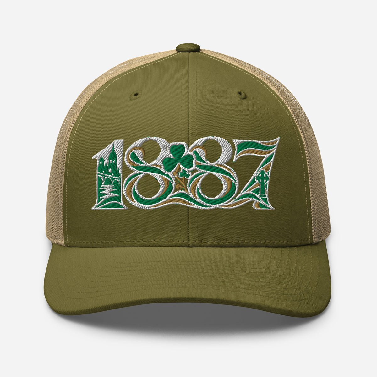 Celtic 1887 Founding Year Inspired Embroidered Football Trucker Cap – moss khaki front view