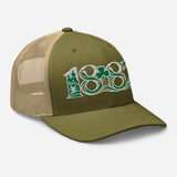 Celtic 1887 Founding Year Inspired Embroidered Football Trucker Cap – moss khaki right front view