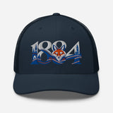 Leicester City 1884 Heritage Fox embroidered football trucker cap, navy colour, front view