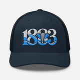 Coventry City 1883 Heritage Elephant embroidered football trucker cap, navy colour, front view