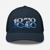 Everton 1878 Heritage Tower embroidered football trucker cap, navy colour, front view