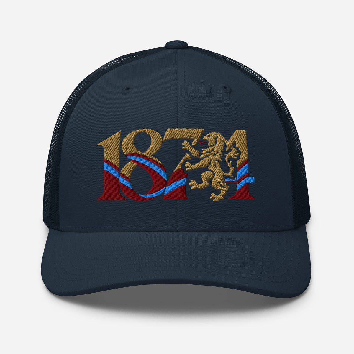 Aston Villa 1874 Lion Heritage embroidered football trucker cap, navy colour, front view