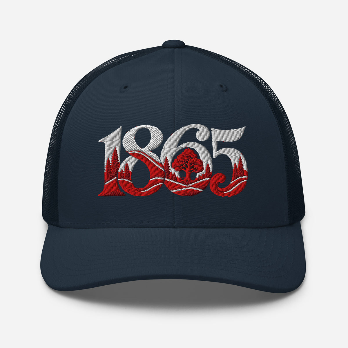 Nottingham 1865 Tree Roots Heritage embroidered football trucker cap, navy colour, front view