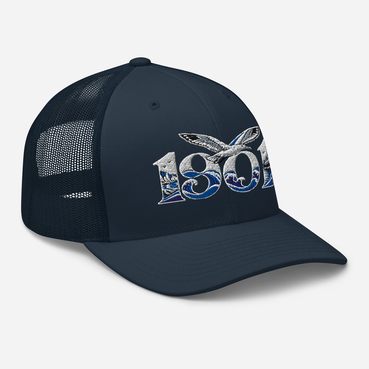Brighton 1901 Heritage Seagulls Embroidered Football Trucker Cap – navy right front view