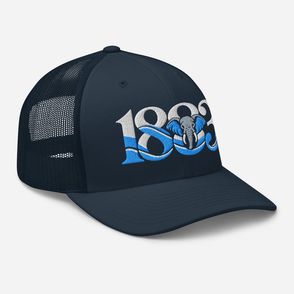 Coventry City 1883 Heritage Elephant embroidered football trucker cap, navy colour, right-front view