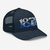 Everton 1878 Heritage Tower embroidered football trucker cap, navy colour, right-front view