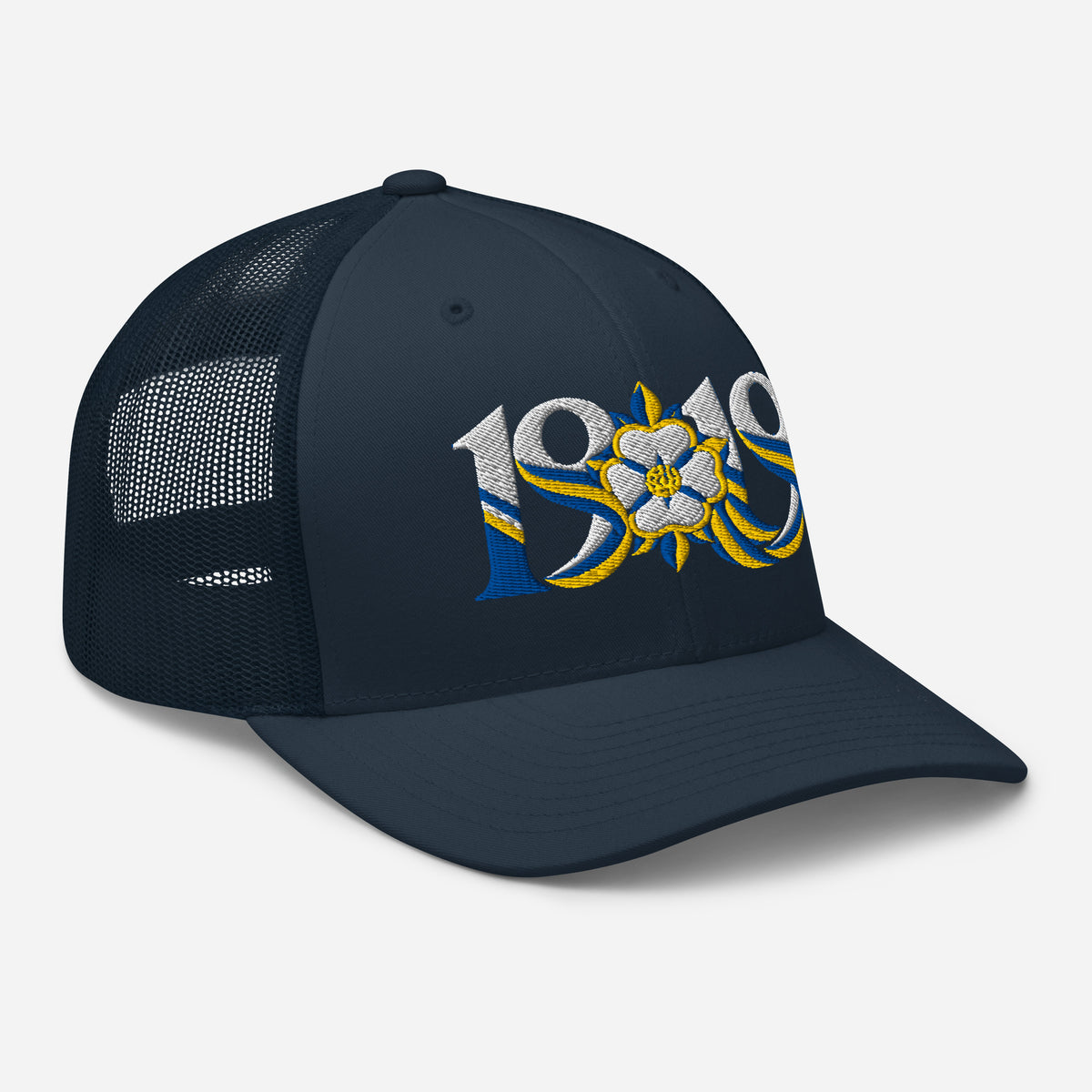 Leeds 1919 White Rose Heritage embroidered football trucker cap, navy colour, right-front view