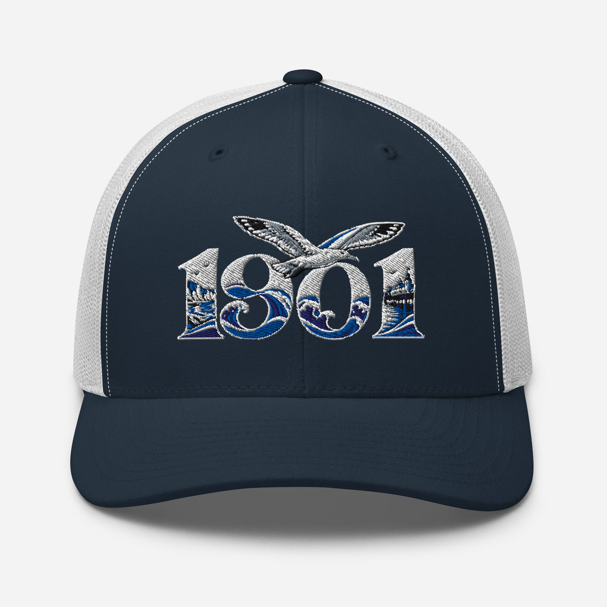 Brighton 1901 Heritage Seagulls Embroidered Football Trucker Cap – navy white front view