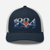 Leicester City 1884 Heritage Fox embroidered football trucker cap, navy white colour, front view