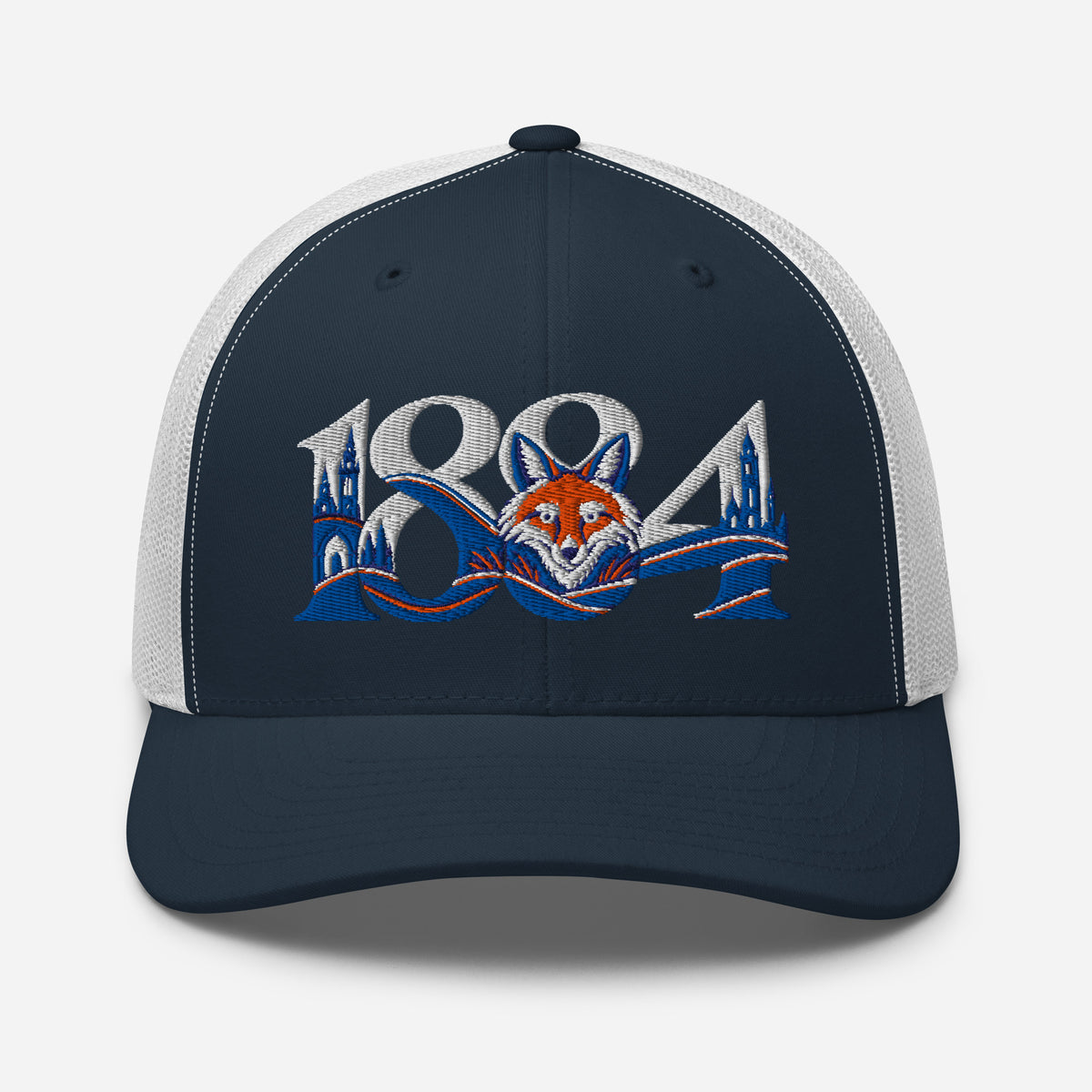 Leicester City 1884 Heritage Fox embroidered football trucker cap, navy white colour, front view