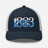 Coventry City 1883 Heritage Elephant embroidered football trucker cap, navy white colour, front view