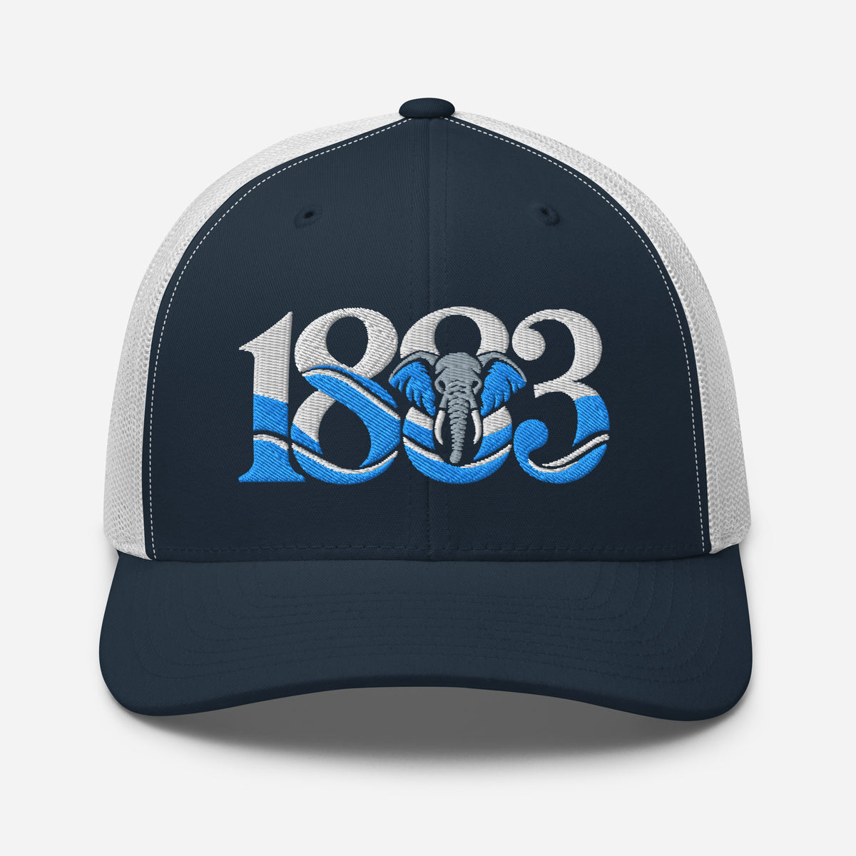 Coventry City 1883 Heritage Elephant embroidered football trucker cap, navy white colour, front view