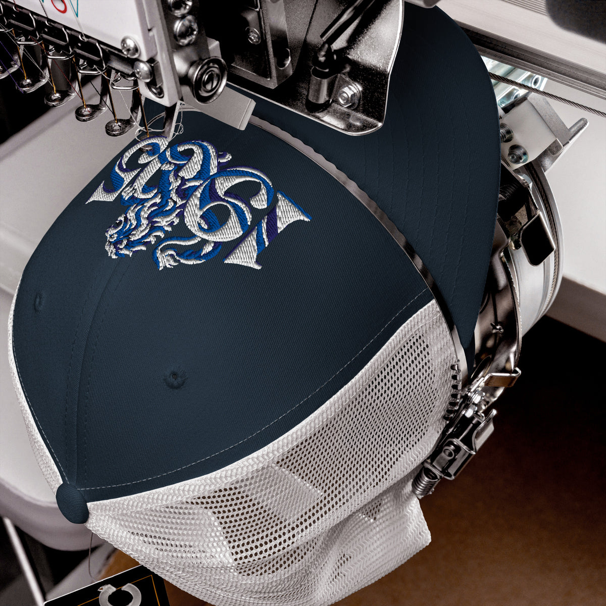 Chelsea 1905 Heritage Lion embroidered football trucker cap, navy white colour, front view