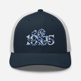 Chelsea 1905 Heritage Lion embroidered football trucker cap, navy white colour, front view