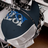 Everton 1878 Heritage Tower embroidered football trucker cap, navy white colour, front view