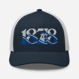 Everton 1878 Heritage Tower embroidered football trucker cap, navy white colour, front view