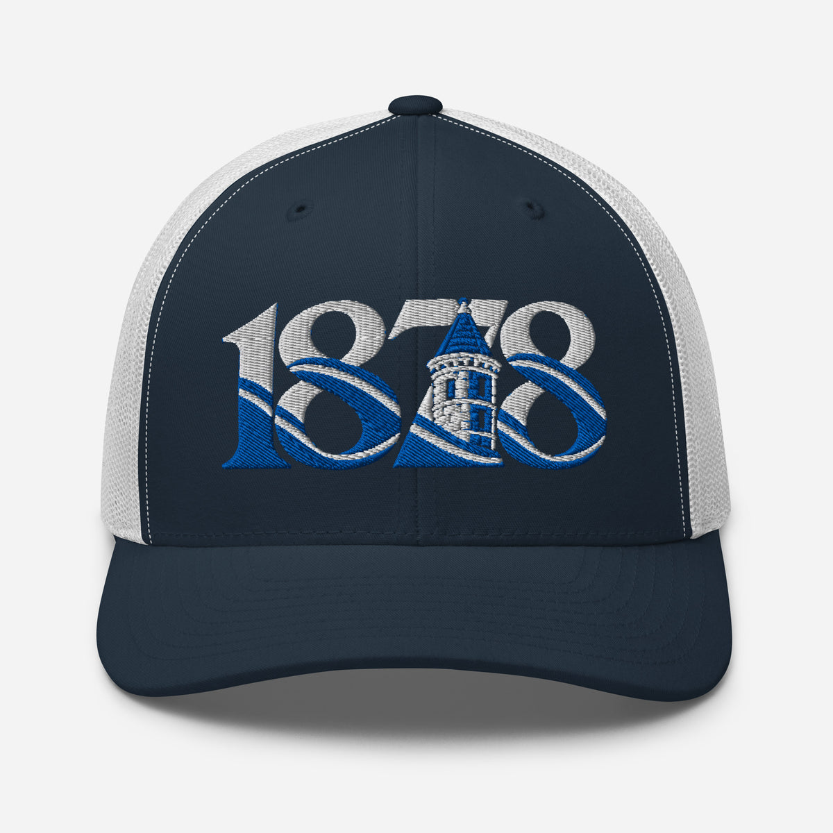 Everton 1878 Heritage Tower embroidered football trucker cap, navy white colour, front view