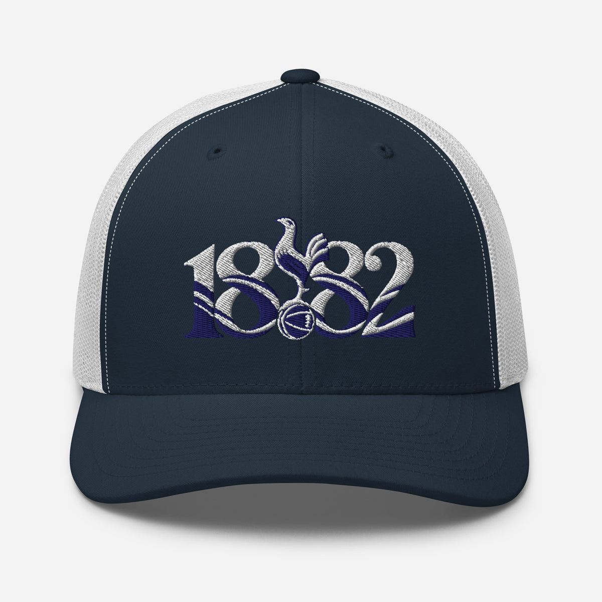 Tottenham Hotspur 1882 Heritage embroidered football trucker cap, navy white colour, front view
