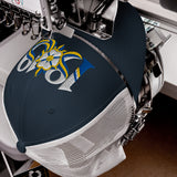 Leeds 1919 White Rose Heritage embroidered football trucker cap, navy white colour, front view