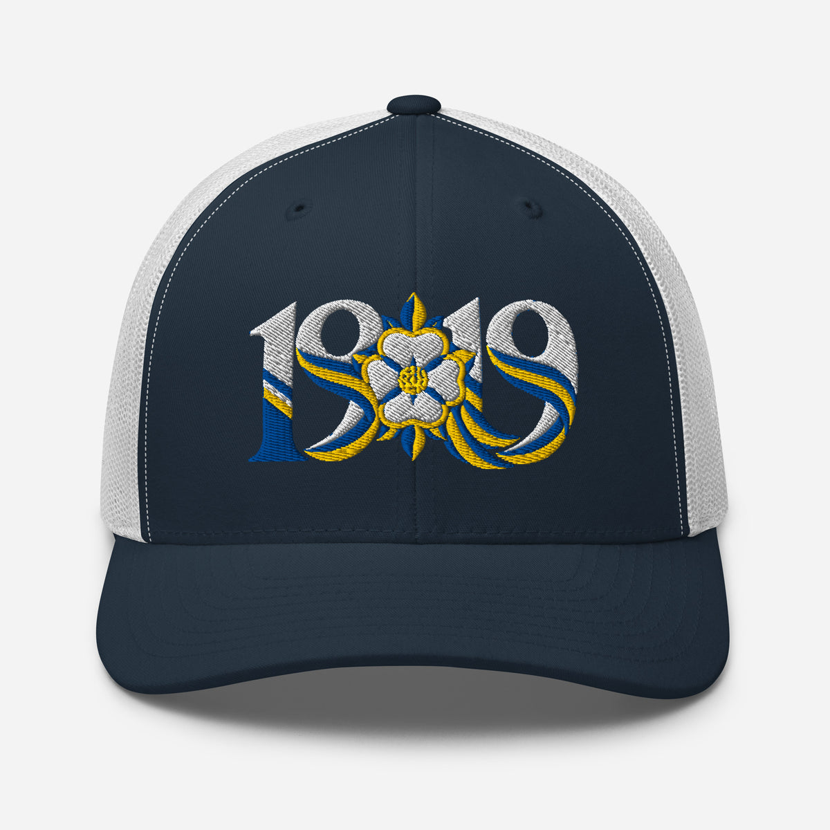 Leeds 1919 White Rose Heritage embroidered football trucker cap, navy white colour, front view