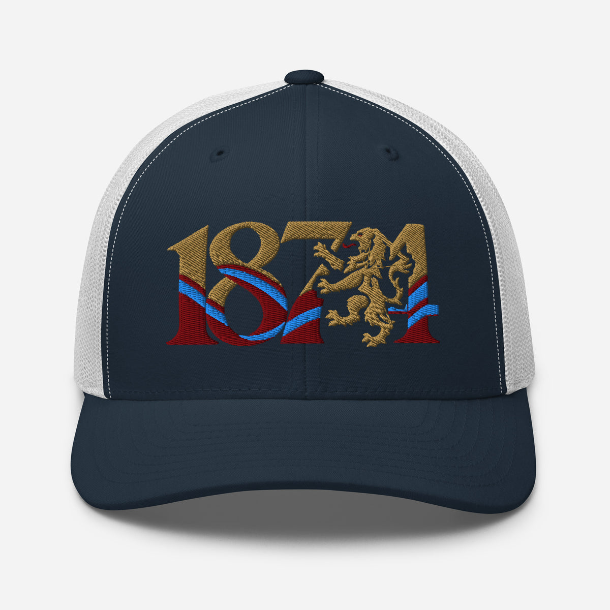 Aston Villa 1874 Lion Heritage embroidered football trucker cap, navy white colour, front view