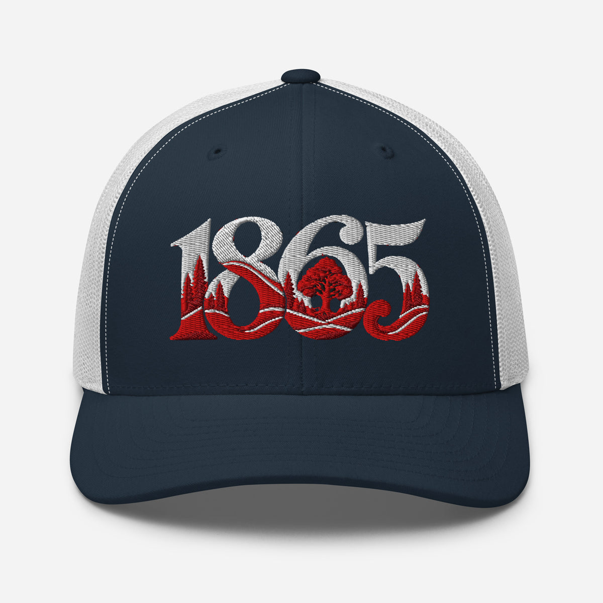 Nottingham 1865 Tree Roots Heritage embroidered football trucker cap, navy white colour, front view