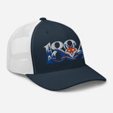 Leicester City 1884 Heritage Fox embroidered football trucker cap, navy white colour, right-front view