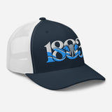 Coventry City 1883 Heritage Elephant embroidered football trucker cap, navy white colour, right-front view