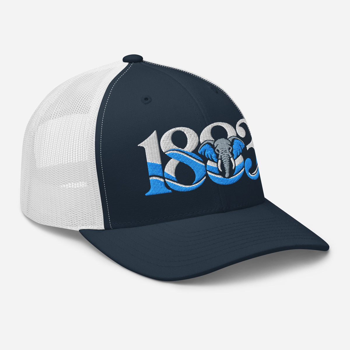 Coventry City 1883 Heritage Elephant embroidered football trucker cap, navy white colour, right-front view