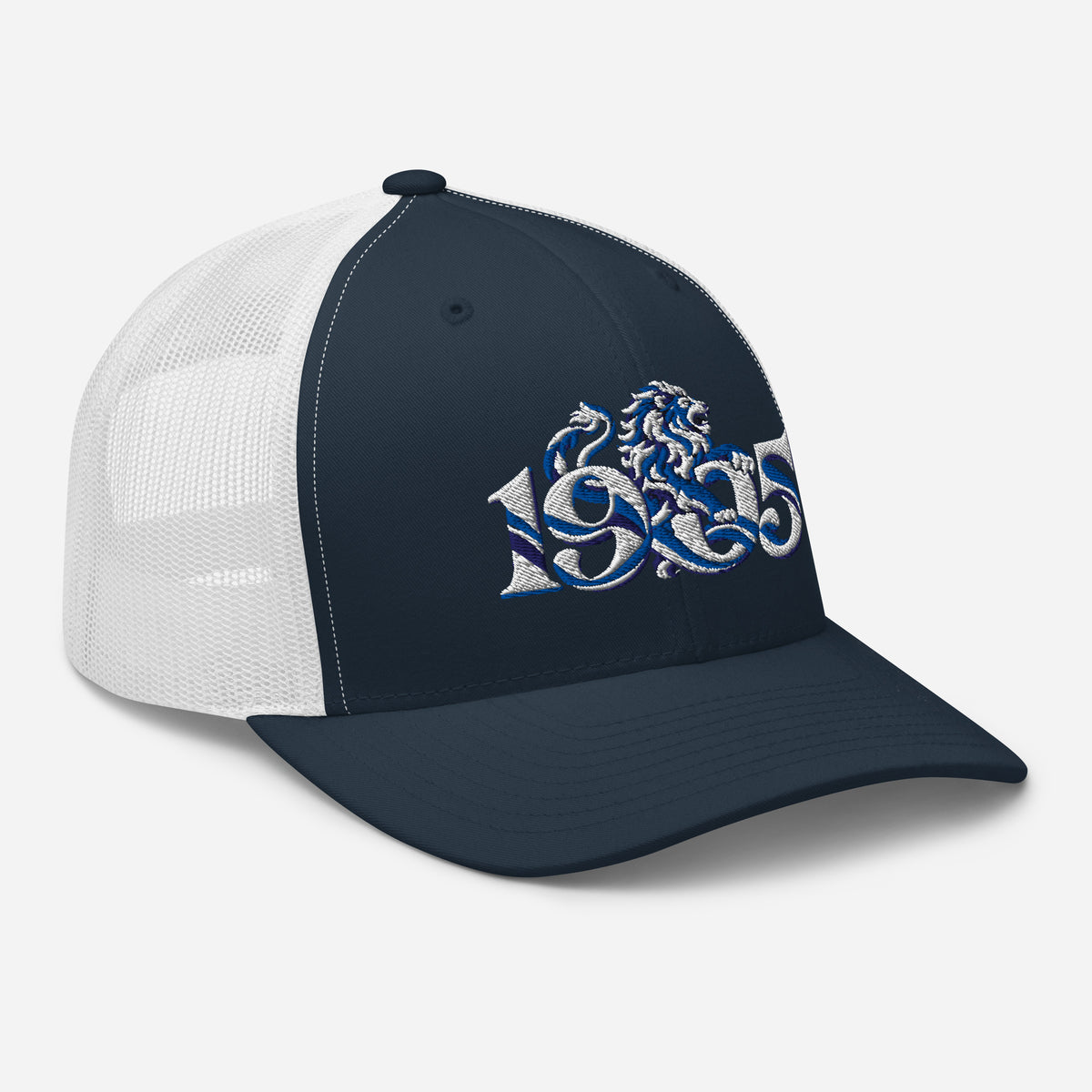 Chelsea 1905 Heritage Lion embroidered football trucker cap, navy white colour, right-front view