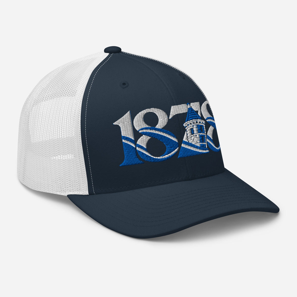 Everton 1878 Heritage Tower embroidered football trucker cap, navy white colour, right-front view