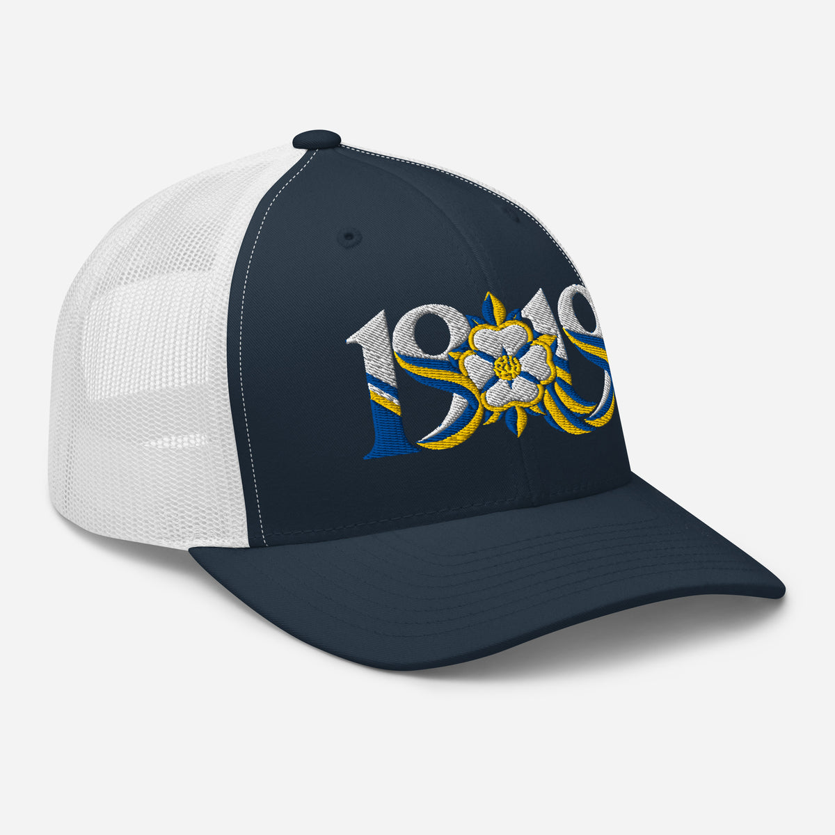 Leeds 1919 White Rose Heritage embroidered football trucker cap, navy white colour, right-front view