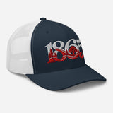 Nottingham 1865 Tree Roots Heritage embroidered football trucker cap, navy white colour, right-front view