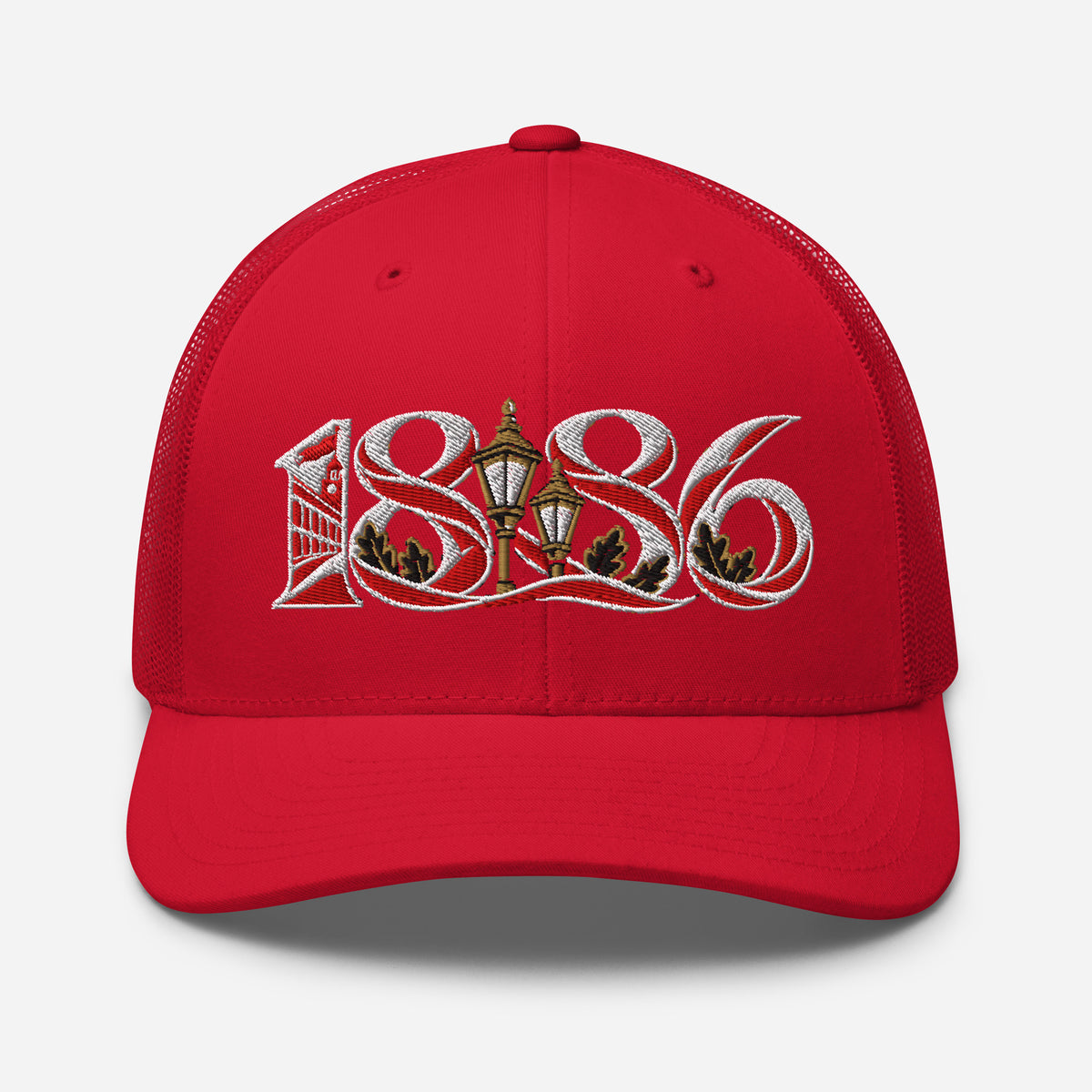 Arsenal 1886 Heritage Embroidered Football Trucker Cap – red front view