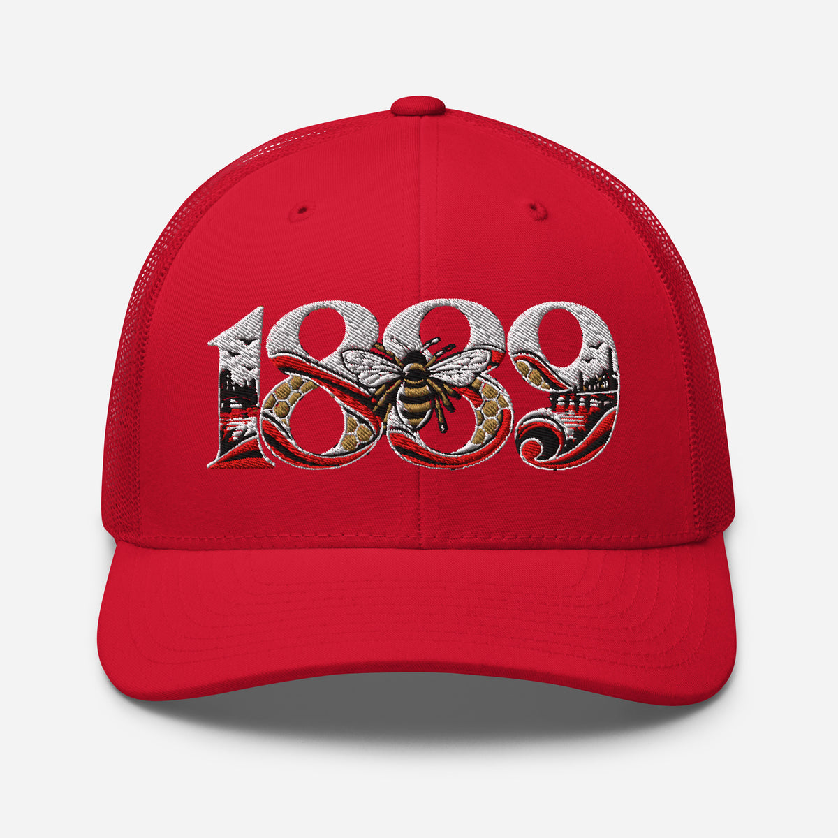 Brentford 1889 Heritage Bees embroidered football trucker cap, red colour, front view