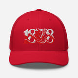 Manchester United 1878 Red Devil Heritage embroidered football trucker cap, red colour, front view