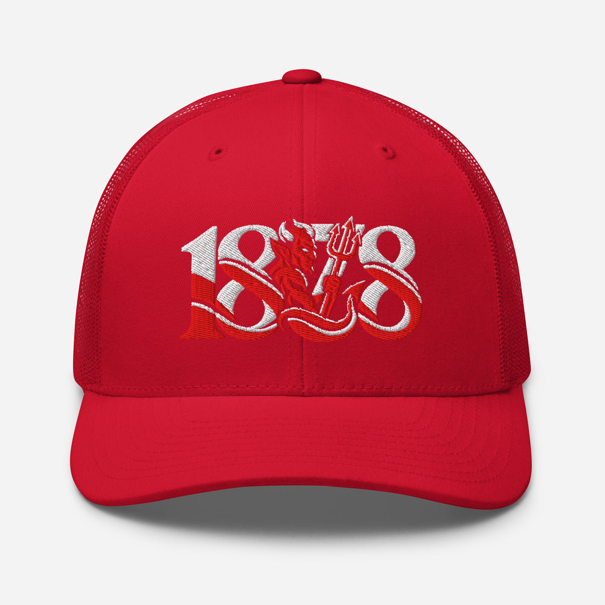 Manchester United 1878 Red Devil Heritage embroidered football trucker cap, red colour, front view