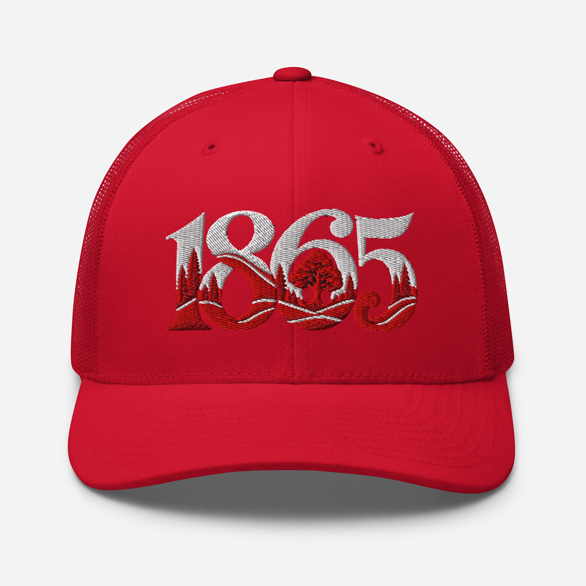 Nottingham 1865 Tree Roots Heritage embroidered football trucker cap, red colour, front view