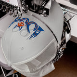 Leicester City 1884 Heritage Fox embroidered football trucker cap, silver colour, front view