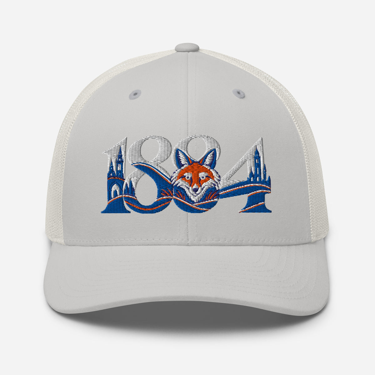 Leicester City 1884 Heritage Fox embroidered football trucker cap, silver colour, front view