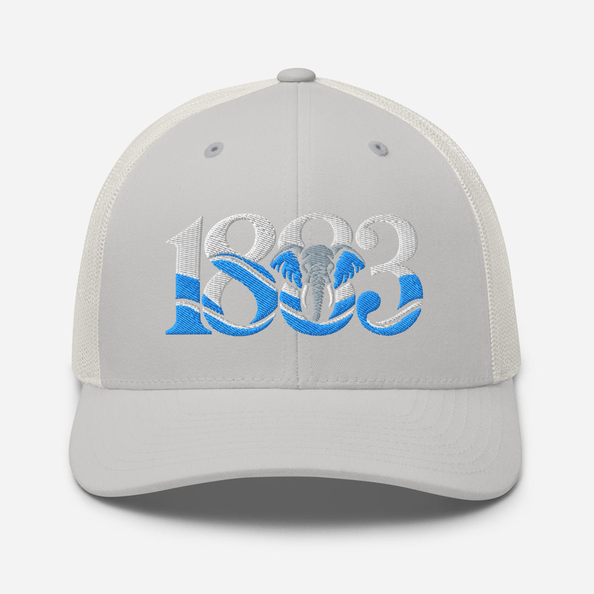 Coventry City 1883 Heritage Elephant embroidered football trucker cap, silver colour, front view