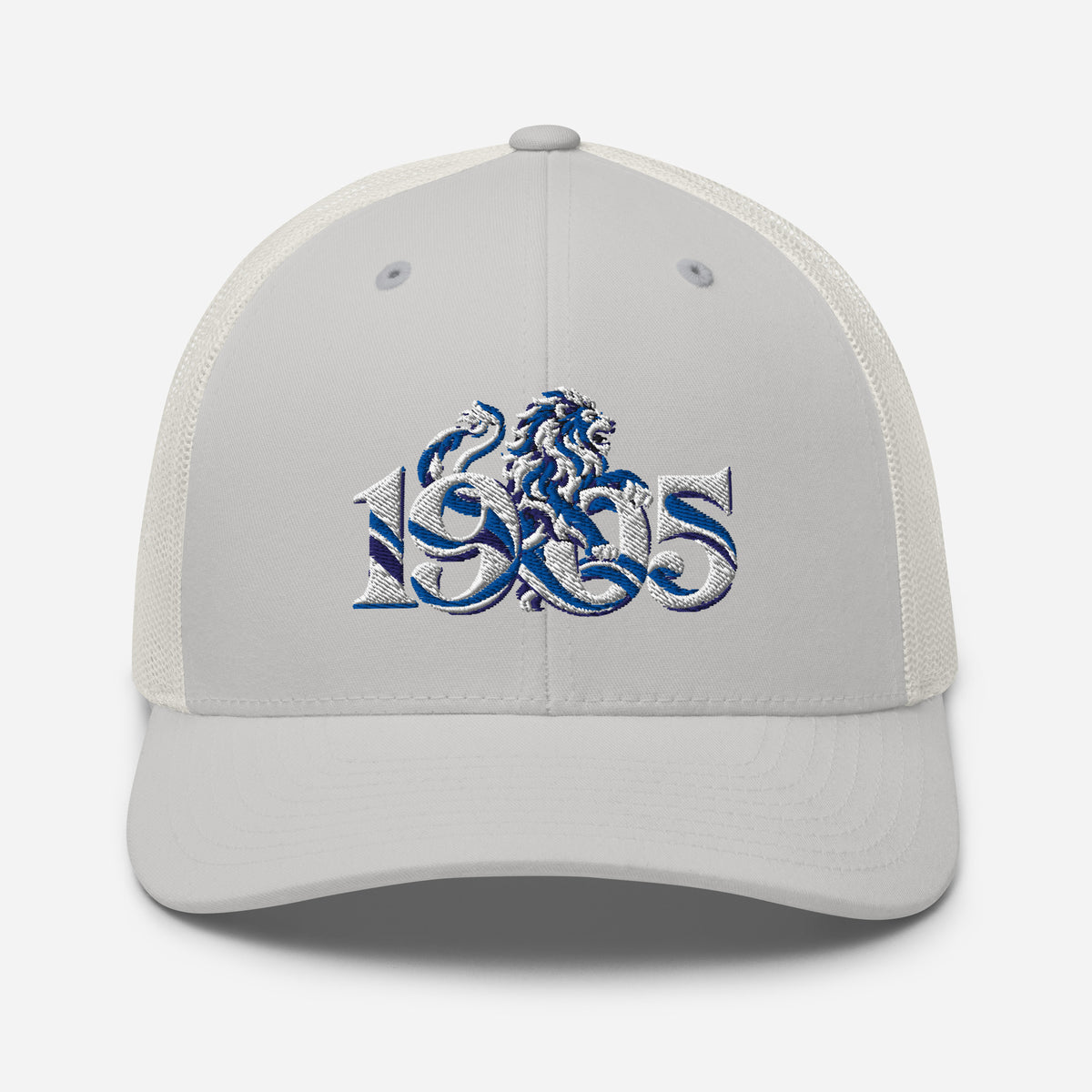 Chelsea 1905 Heritage Lion embroidered football trucker cap, silver colour, front view