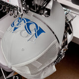 Everton 1878 Heritage Tower embroidered football trucker cap, silver colour, front view