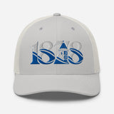 Everton 1878 Heritage Tower embroidered football trucker cap, silver colour, front view