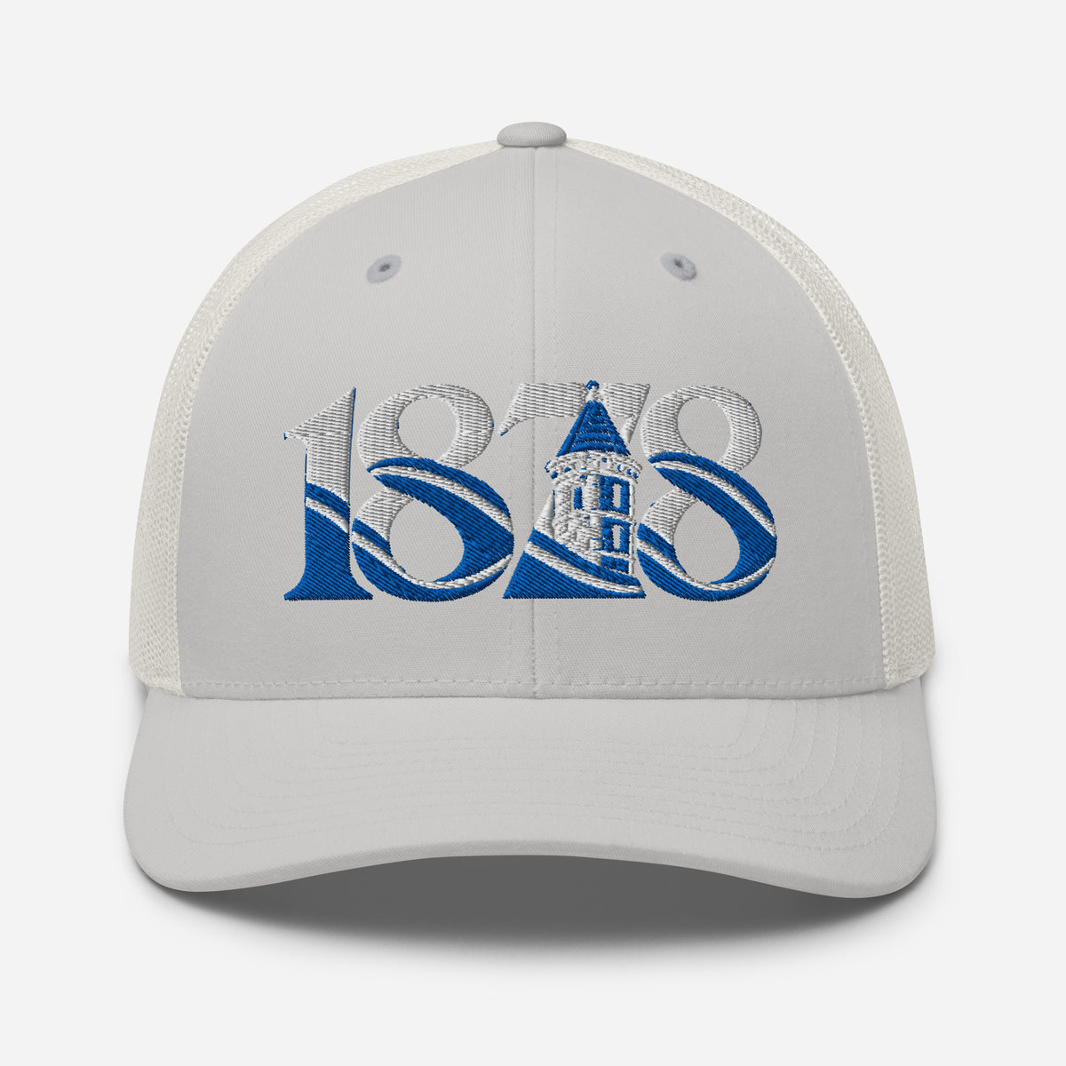 Everton 1878 Heritage Tower embroidered football trucker cap, silver colour, front view