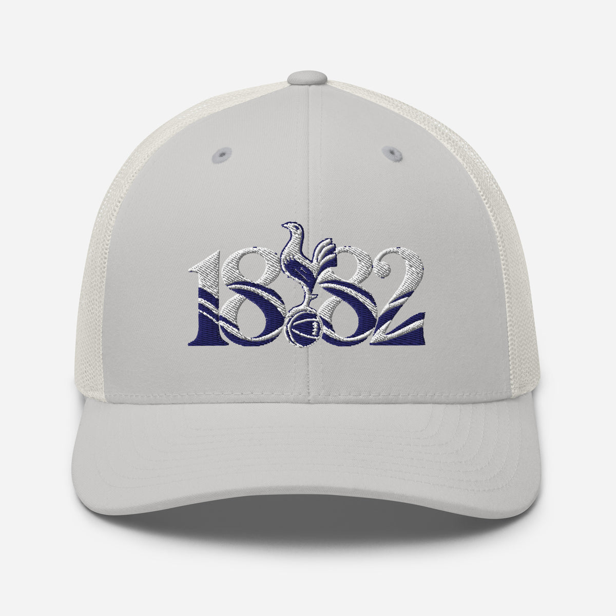 Tottenham Hotspur 1882 Heritage embroidered football trucker cap, silver colour, front view