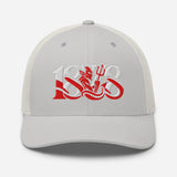 Manchester United 1878 Red Devil Heritage embroidered football trucker cap, silver colour, front view