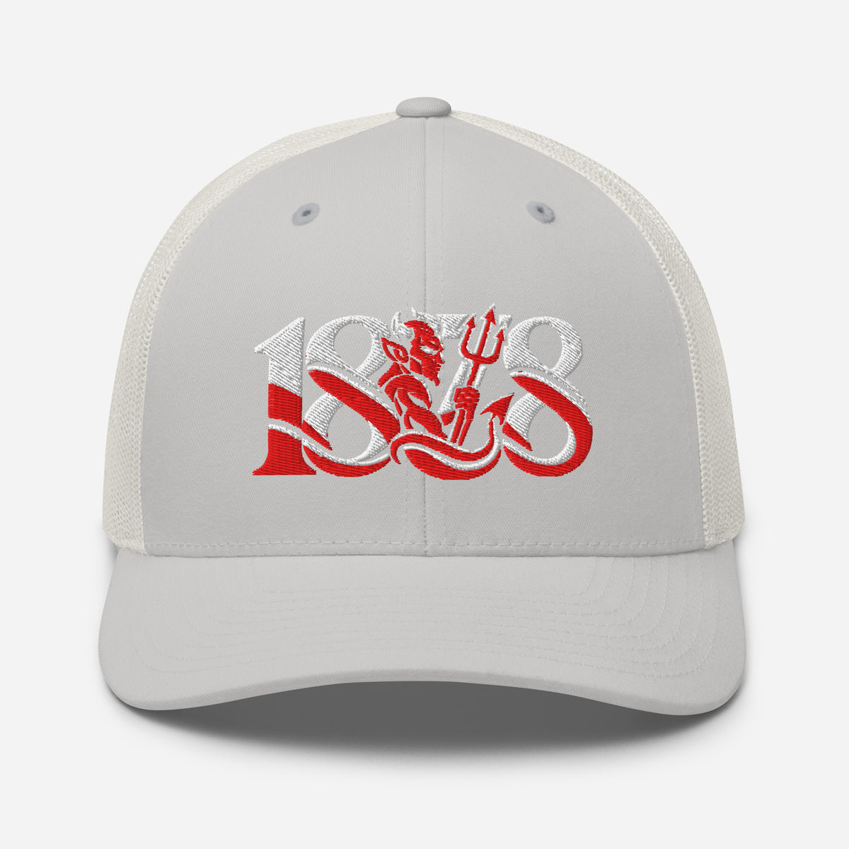 Manchester United 1878 Red Devil Heritage embroidered football trucker cap, silver colour, front view